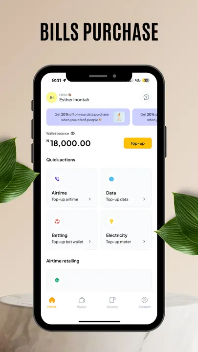 DripoolPay bills purchase home screen with wallet balance