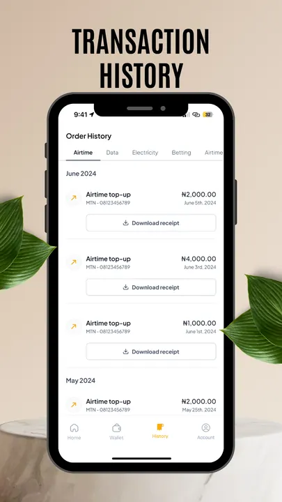 Transaction history with downloadable receipts
