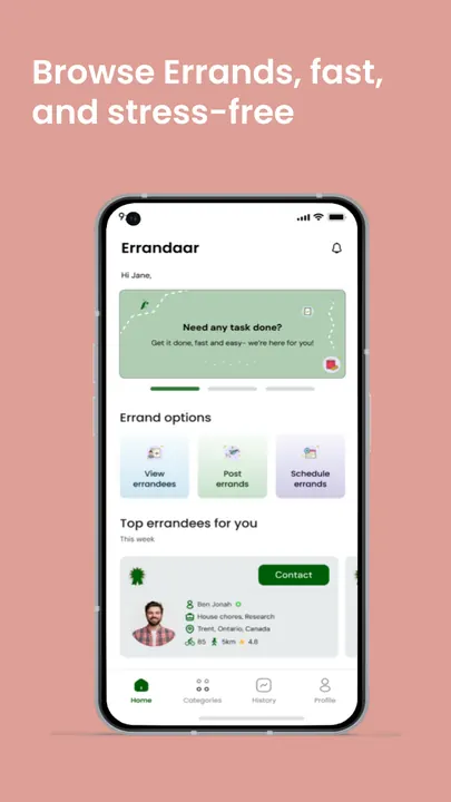 Errandaar home screen with errand options and top-rated errandees