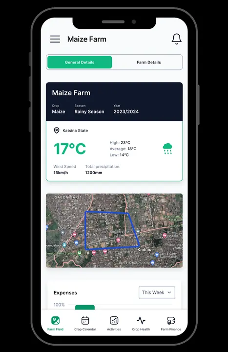 Farm dashboard with weather, season summary, and a satellite view of the field