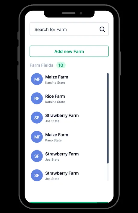 Farm fields list with search and add-new-farm