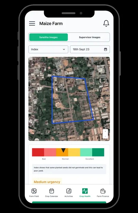 Satellite crop-health imagery with a health index scale