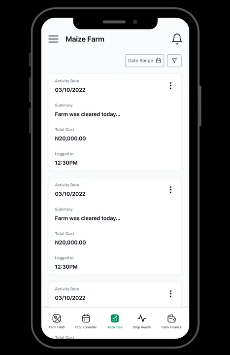 Farm activity log with dated entries and costs